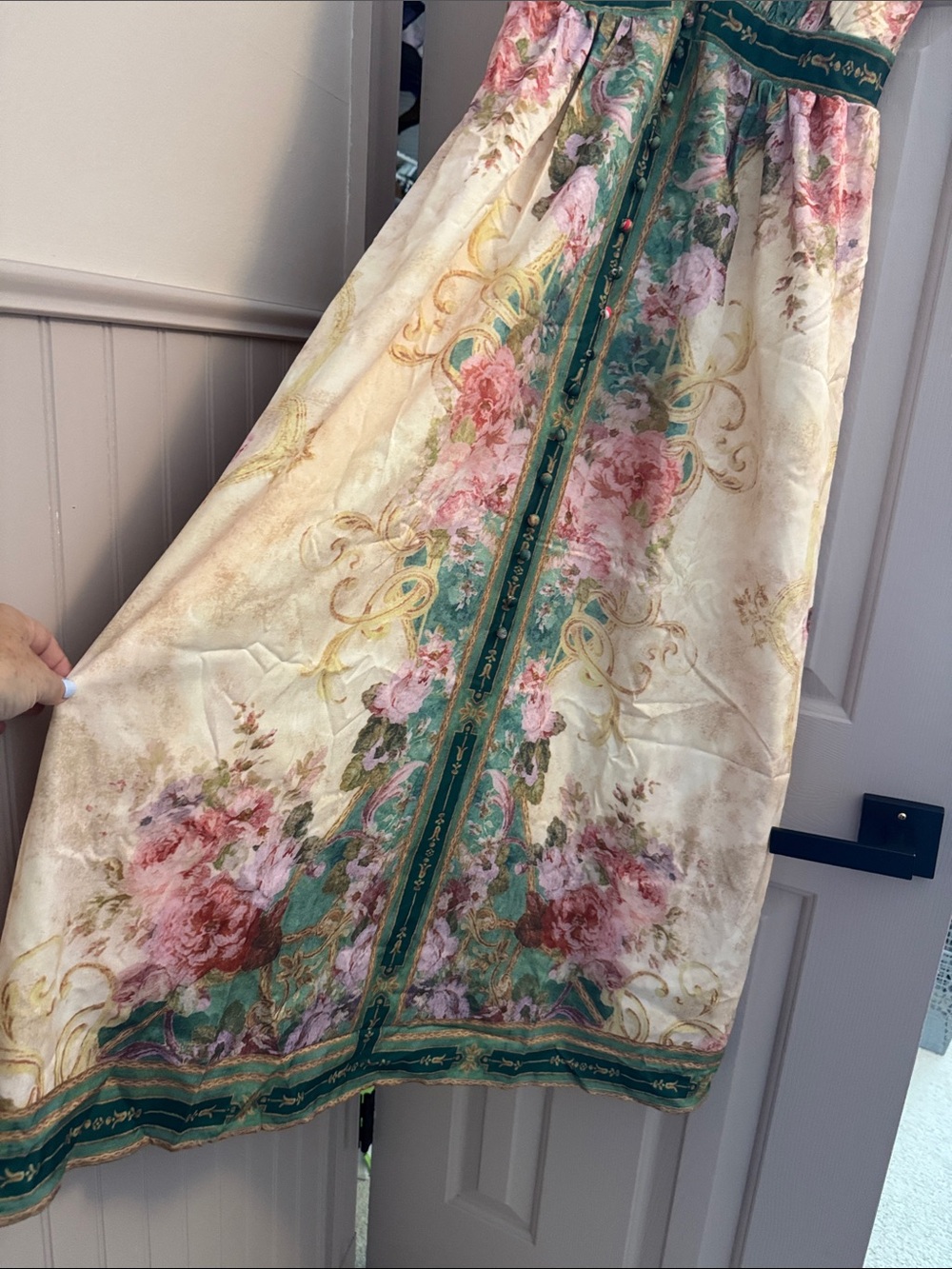 Half Heart NWOT Floral Satin Slip Dress with Green Trim - Picture 4 of 6